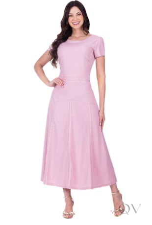 VESTIDO COM DETALHE GUIPIR EM TECIDO PLANO DE VISCOLINHO ROSA - HAPUK
