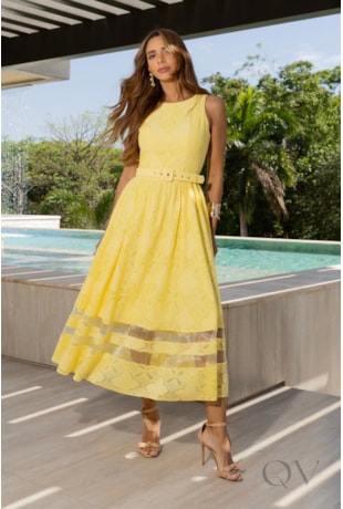 VESTIDO COM DETALHE ORGANZA EM RENDA AMARELO - LUZIA FAZZOLLI