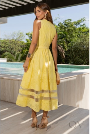 VESTIDO COM DETALHE ORGANZA EM RENDA AMARELO - LUZIA FAZZOLLI