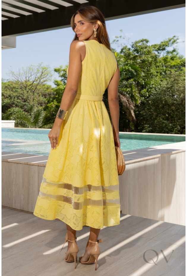 VESTIDO COM DETALHE ORGANZA EM RENDA AMARELO - LUZIA FAZZOLLI