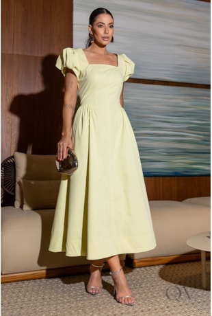 VESTIDO COM DETALHE PREGAS EM SARJA VERDE LIMA - LUZIA FAZZOLLI