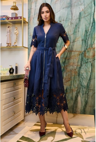 VESTIDO COM ENTREMEIO EM LINHO AZUL MARINHO - LUZIA FAZZOLLI