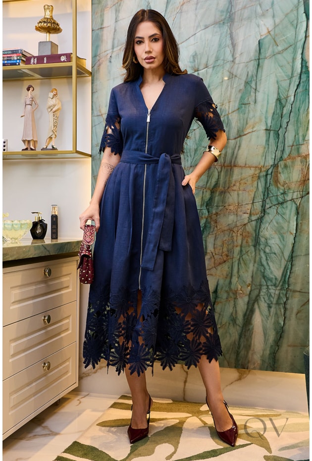 VESTIDO COM ENTREMEIO EM LINHO AZUL MARINHO - LUZIA FAZZOLLI