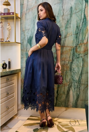 VESTIDO COM ENTREMEIO EM LINHO AZUL MARINHO - LUZIA FAZZOLLI