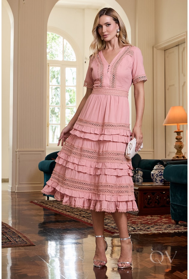 VESTIDO COM ENTREMEIO EM VOIL ROSÊ - LUZIA FAZZOLLI