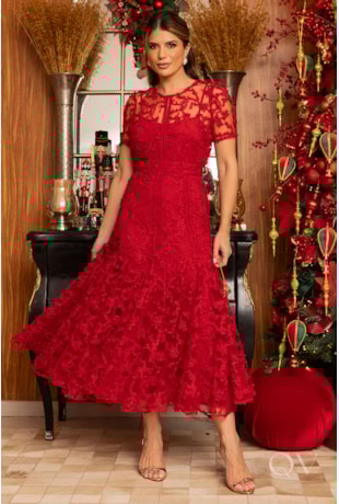 VESTIDO COM ENTREMEIOS E NESGAS EM TULE BORDADO VERMELHO - LUZIA FAZZOLLI
