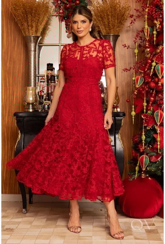 VESTIDO COM ENTREMEIOS E NESGAS EM TULE BORDADO VERMELHO - LUZIA FAZZOLLI
