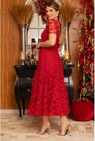 VESTIDO COM ENTREMEIOS E NESGAS EM TULE BORDADO VERMELHO - LUZIA FAZZOLLI