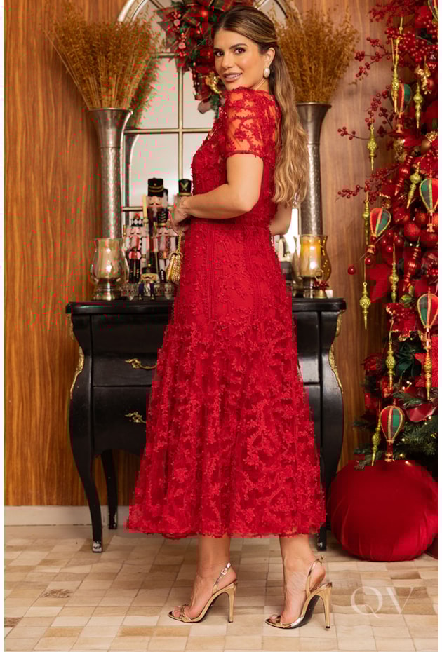 VESTIDO COM ENTREMEIOS E NESGAS EM TULE BORDADO VERMELHO - LUZIA FAZZOLLI
