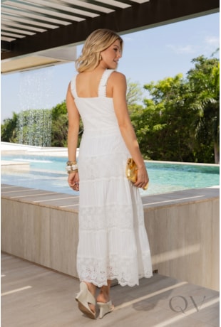 VESTIDO COM ENTREMEIOS EM LAISE E TRICOLINE BRANCO - LUZIA FAZZOLLI