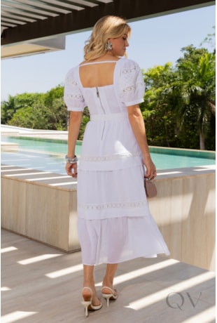 VESTIDO COM ENTREMEIOS EM VOIL BORDADO E LISO BRANCO - LUZIA FAZZOLLI
