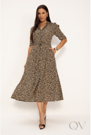VESTIDO COM ESTAMPA LIBERTY EM CREPE PLISSADO FLORAL PRETO - LEKAZIS