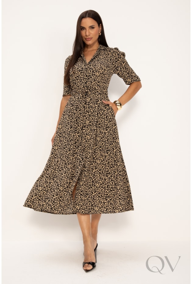 VESTIDO COM ESTAMPA LIBERTY EM CREPE PLISSADO FLORAL PRETO - LEKAZIS