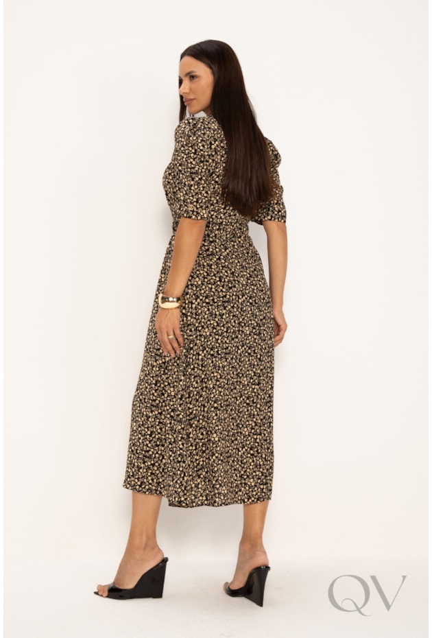 VESTIDO COM ESTAMPA LIBERTY EM CREPE PLISSADO FLORAL PRETO - LEKAZIS