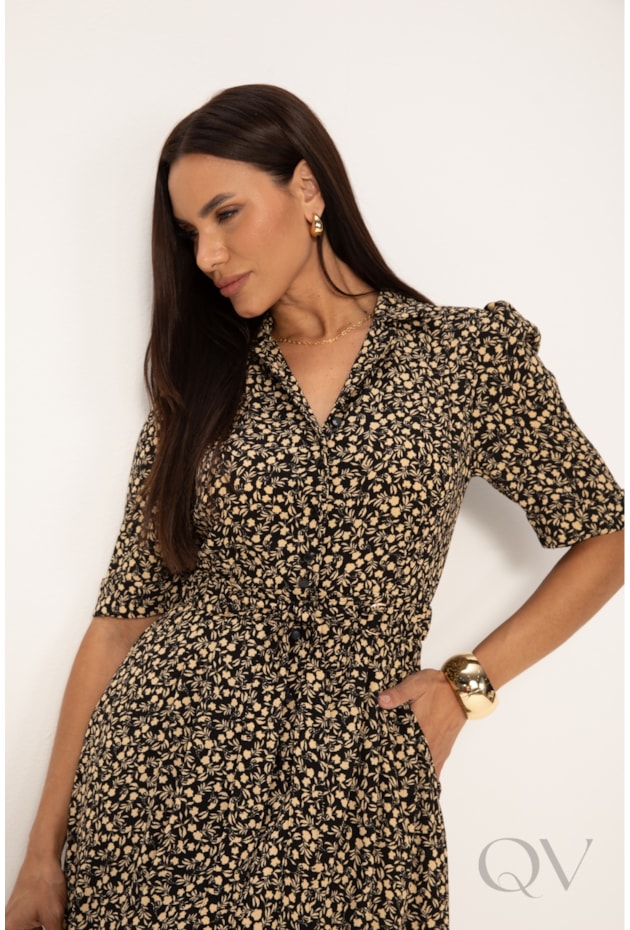 VESTIDO COM ESTAMPA LIBERTY EM CREPE PLISSADO FLORAL PRETO - LEKAZIS