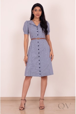 VESTIDO COM ESTAMPA XADREZ VICHY EM TRICOLINE DE ALGODÃO AZUL - PURO SHARMY