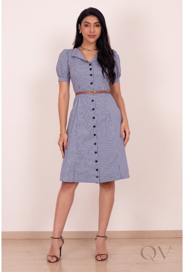 VESTIDO COM ESTAMPA XADREZ VICHY EM TRICOLINE DE ALGODÃO AZUL - PURO SHARMY