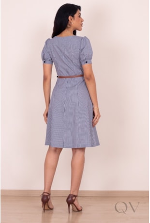 VESTIDO COM ESTAMPA XADREZ VICHY EM TRICOLINE DE ALGODÃO AZUL - PURO SHARMY