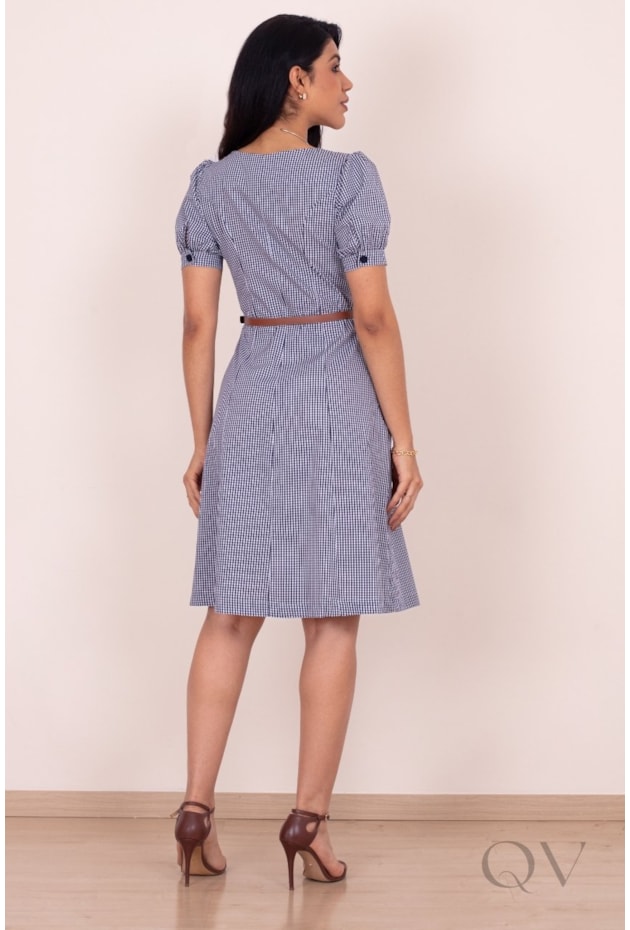 VESTIDO COM ESTAMPA XADREZ VICHY EM TRICOLINE DE ALGODÃO AZUL - PURO SHARMY