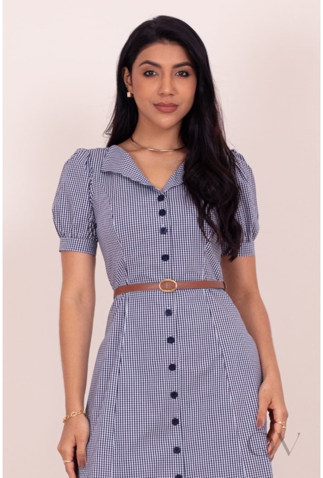 VESTIDO COM ESTAMPA XADREZ VICHY EM TRICOLINE DE ALGODÃO AZUL - PURO SHARMY