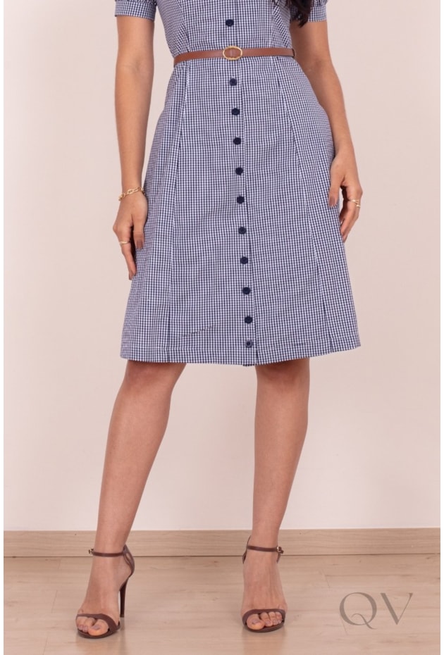 VESTIDO COM ESTAMPA XADREZ VICHY EM TRICOLINE DE ALGODÃO AZUL - PURO SHARMY