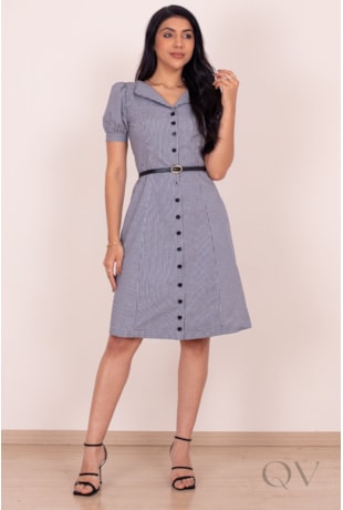 VESTIDO COM ESTAMPA XADREZ VICHY EM TRICOLINE DE ALGODÃO PRETO - PURO SHARMY