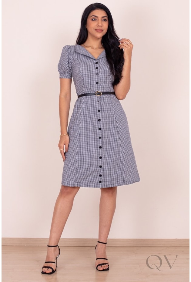 VESTIDO COM ESTAMPA XADREZ VICHY EM TRICOLINE DE ALGODÃO PRETO - PURO SHARMY