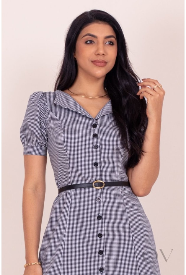 VESTIDO COM ESTAMPA XADREZ VICHY EM TRICOLINE DE ALGODÃO PRETO - PURO SHARMY