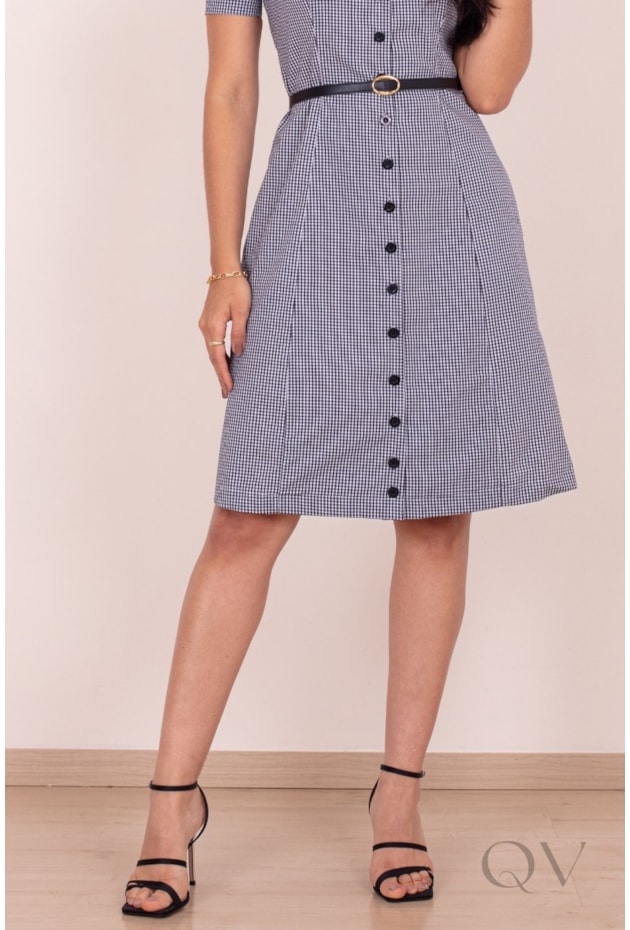 VESTIDO COM ESTAMPA XADREZ VICHY EM TRICOLINE DE ALGODÃO PRETO - PURO SHARMY