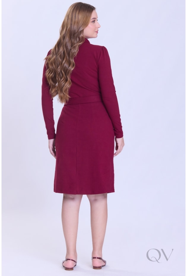 VESTIDO COM FAIXA E ZÍPER EM MALHA ESTRUTURADA BORDÔ - HAPUK