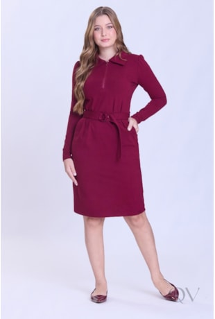 VESTIDO COM FAIXA E ZÍPER EM MALHA ESTRUTURADA BORDÔ - HAPUK