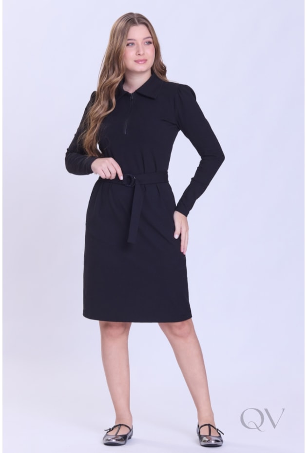 VESTIDO COM FAIXA E ZÍPER EM MALHA ESTRUTURADA PRETO - HAPUK