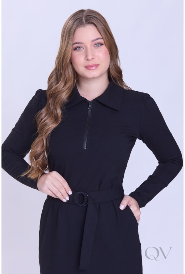 VESTIDO COM FAIXA E ZÍPER EM MALHA ESTRUTURADA PRETO - HAPUK