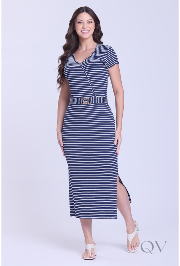 VESTIDO COM FAIXA EM MALHA LISTRADA AZUL - HAPUK