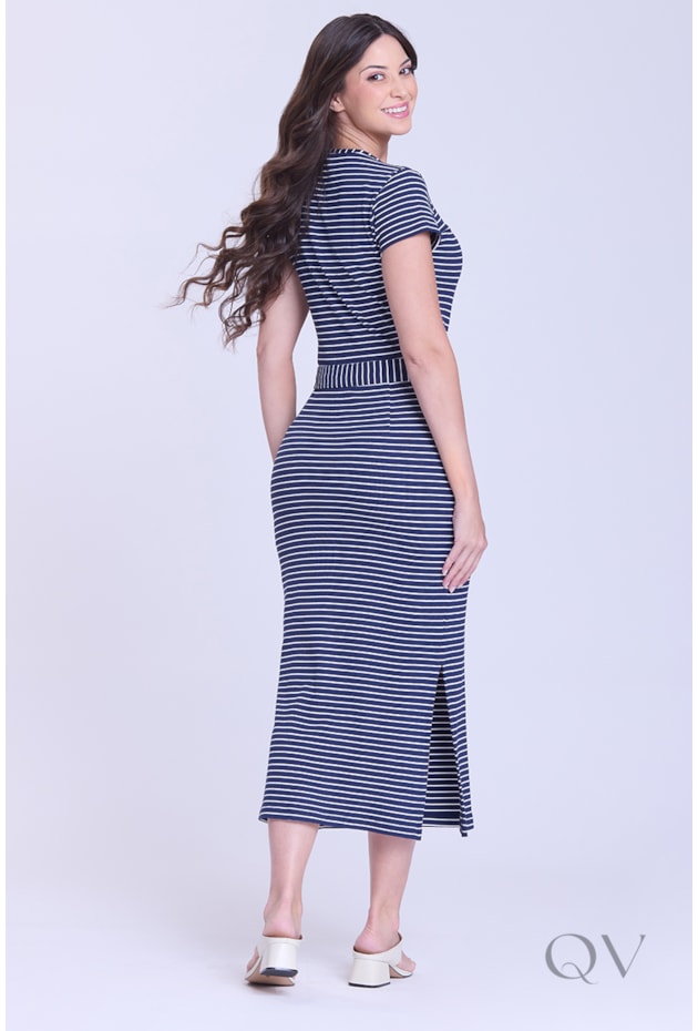 VESTIDO COM FAIXA EM MALHA LISTRADA AZUL - HAPUK