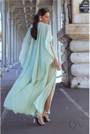 VESTIDO COM FENDA EM CHIFFON VERDE - LUZIA FAZZOLLI