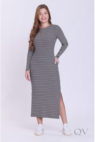 VESTIDO COM FENDA EM MALHA CANELADA LISTRADA MESCLA - HAPUK