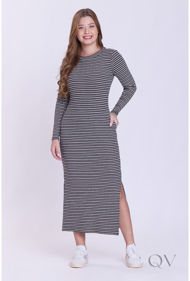 VESTIDO COM FENDA EM MALHA CANELADA LISTRADA MESCLA - HAPUK