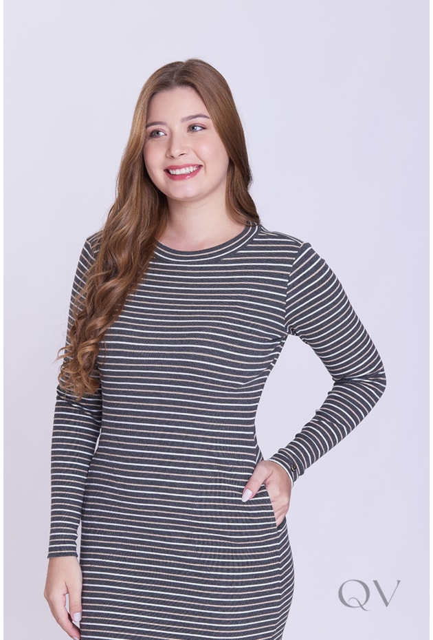 VESTIDO COM FENDA EM MALHA CANELADA LISTRADA MESCLA - HAPUK