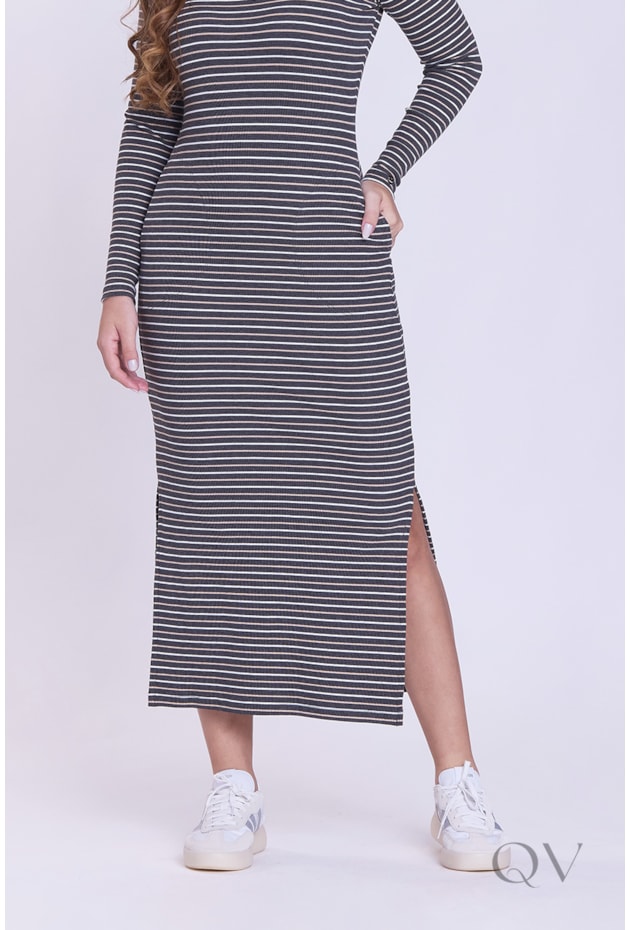 VESTIDO COM FENDA EM MALHA CANELADA LISTRADA MESCLA - HAPUK