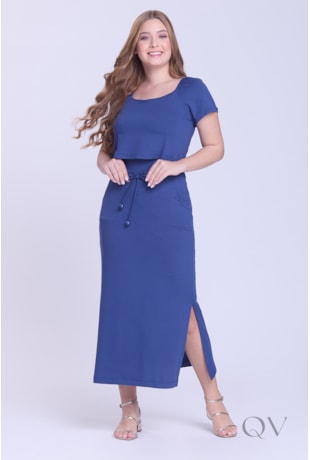 VESTIDO COM FENDA EM MOLETINHO FINO AZUL NOITE - HAPUK