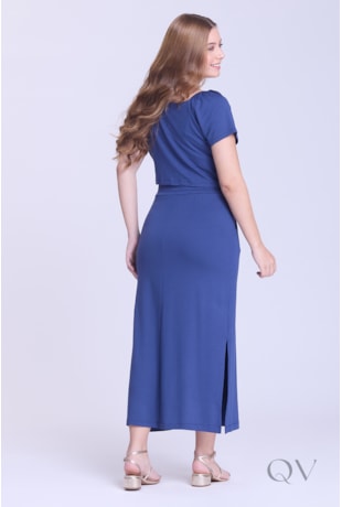 VESTIDO COM FENDA EM MOLETINHO FINO AZUL NOITE - HAPUK