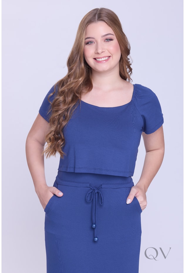 VESTIDO COM FENDA EM MOLETINHO FINO AZUL NOITE - HAPUK
