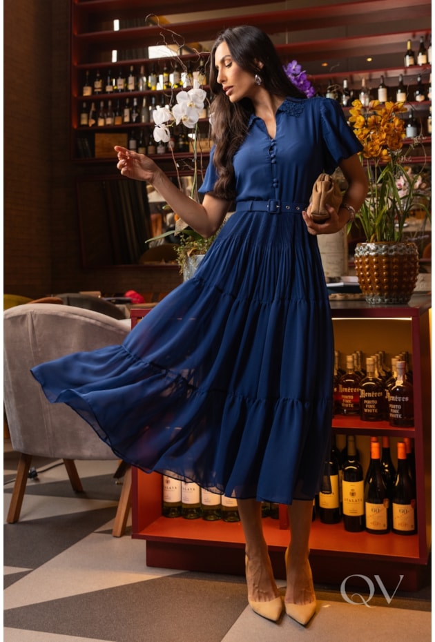 VESTIDO COM FLORES APLICADAS EM CHIFFON AZUL - LUZIA FAZZOLLI