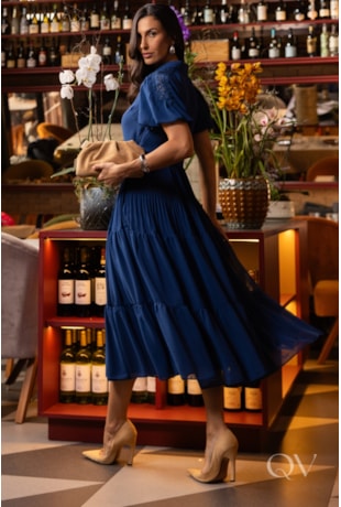 VESTIDO COM FLORES APLICADAS EM CHIFFON AZUL - LUZIA FAZZOLLI