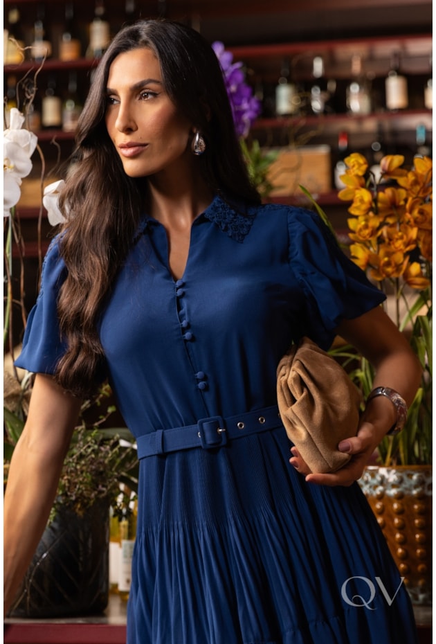 VESTIDO COM FLORES APLICADAS EM CHIFFON AZUL - LUZIA FAZZOLLI