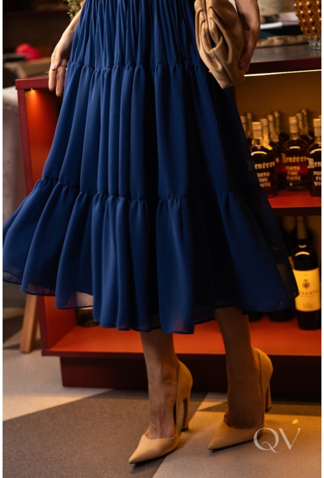 VESTIDO COM FLORES APLICADAS EM CHIFFON AZUL - LUZIA FAZZOLLI