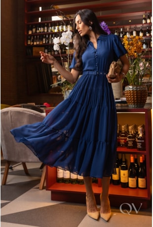 VESTIDO COM FLORES APLICADAS EM CHIFFON AZUL - LUZIA FAZZOLLI