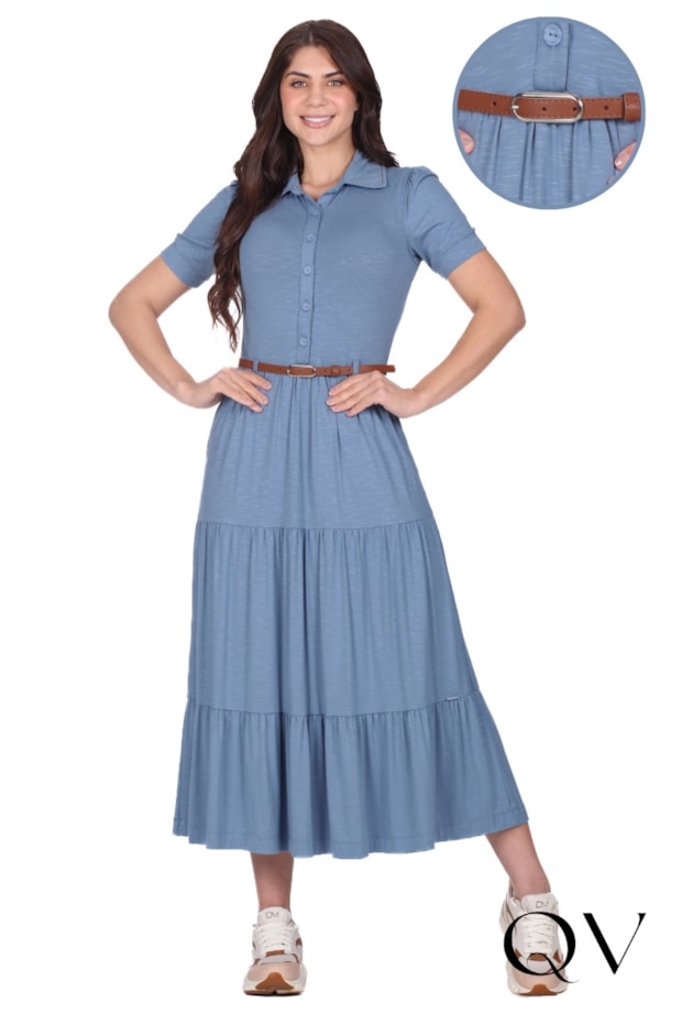 VESTIDO COM MANGAS CURTAS EM MALHA FLAMÊ AZUL - HAPUK