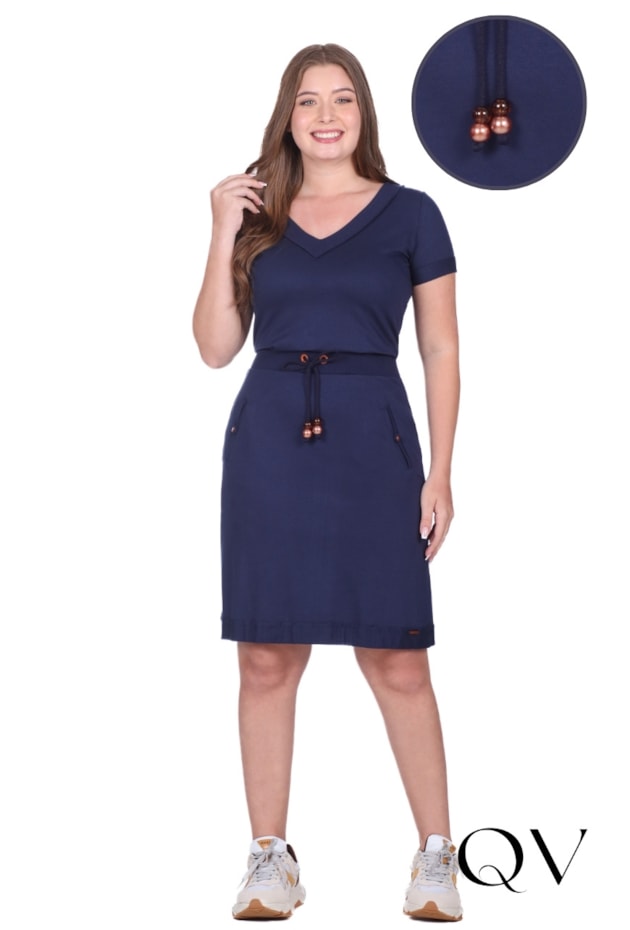 VESTIDO COM MANGAS CURTAS EM MOLETOM CREPONADO E RIBANA AZUL MARINHO - HAPUK